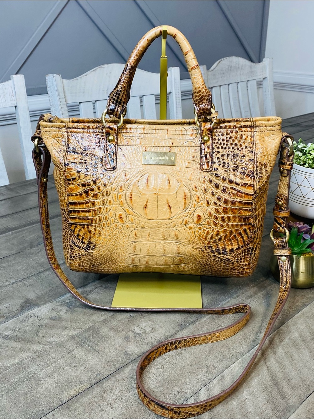 Brahmin Pecan Melbourne Croc Embossed Leather Satchel Tote Bag With Strap